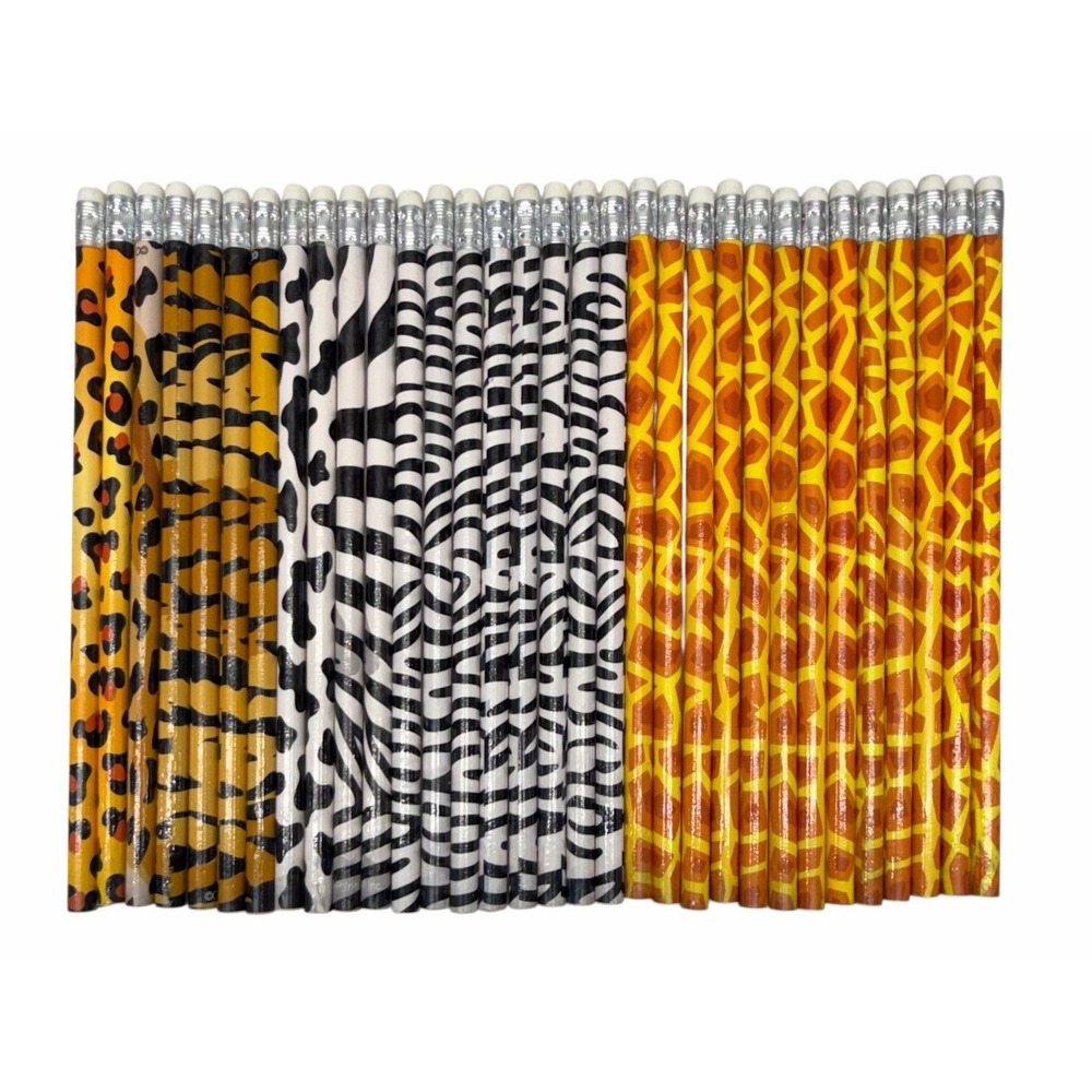 Lot of 32 Animal Print Pencils Giraffe, Zebra, Leopard, Tiger, Cow All NEW